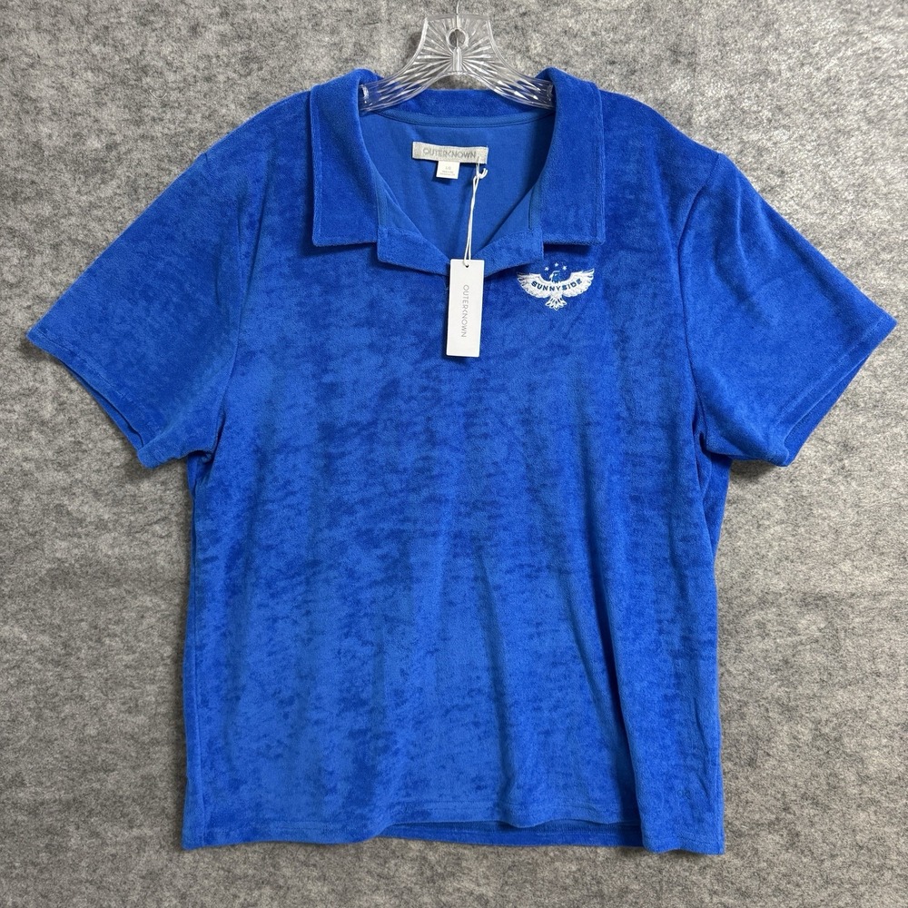OUTERKNOWN‎ Hightide Terry Polo Shirt Mens L Blue Organic Cotton Johnny Collar